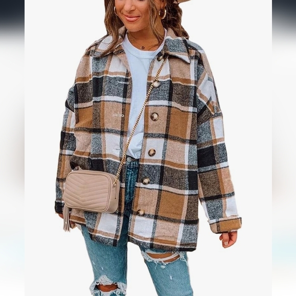 Boutique Jackets & Blazers - NWOT, Flannel Shacket Plaid Wool Blend Button Down Jacket, Size Small